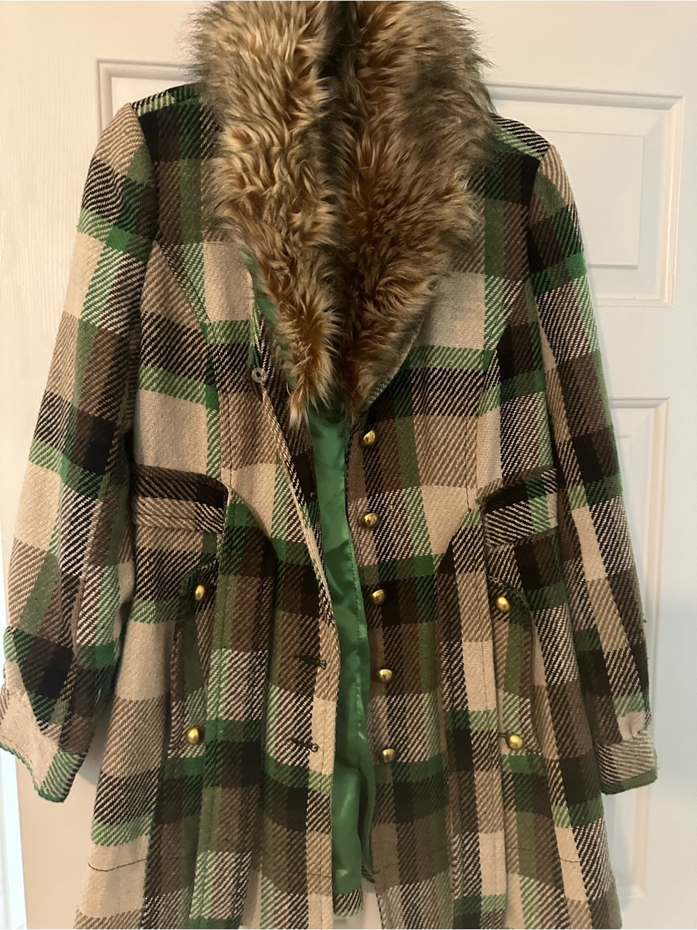 Me Jane Green and Brown Plaid Pea Coat with Faux Fur Collar Y2K vintage